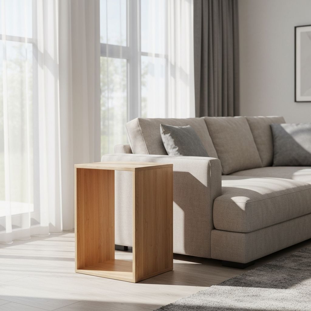Mesa auxiliar minimalista con acabado madera en sala moderna